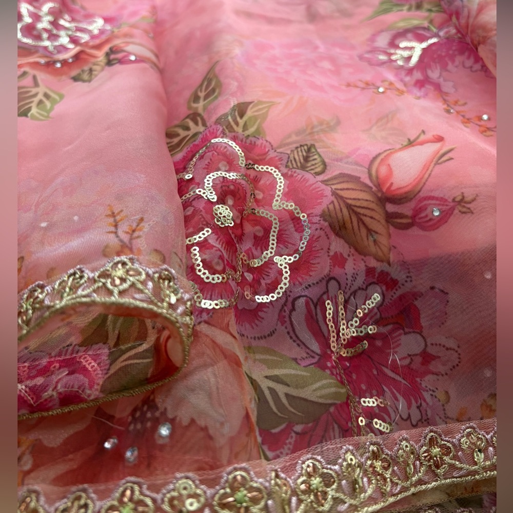 Blush Pink Floral Lehenga with Gold Embellished Blouse - Picture 10 of 16